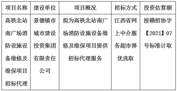 高鐵北站南廣場(chǎng)消防設(shè)施設(shè)備維修及維保項(xiàng)目招標(biāo)代理計(jì)劃公告