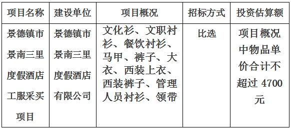 景德鎮(zhèn)市景南三里度假酒店工服采買項目計劃公告